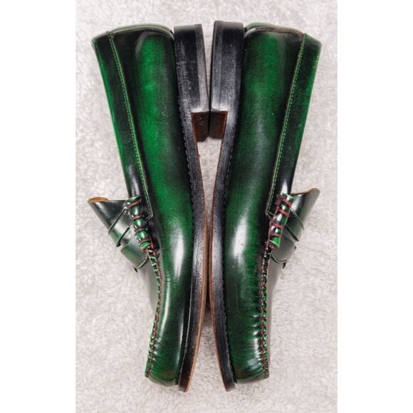 Bass Weejuns Green Black Leather Penny Loafers Contrast Stitching Mens Size 9 - Picture 3 of 16